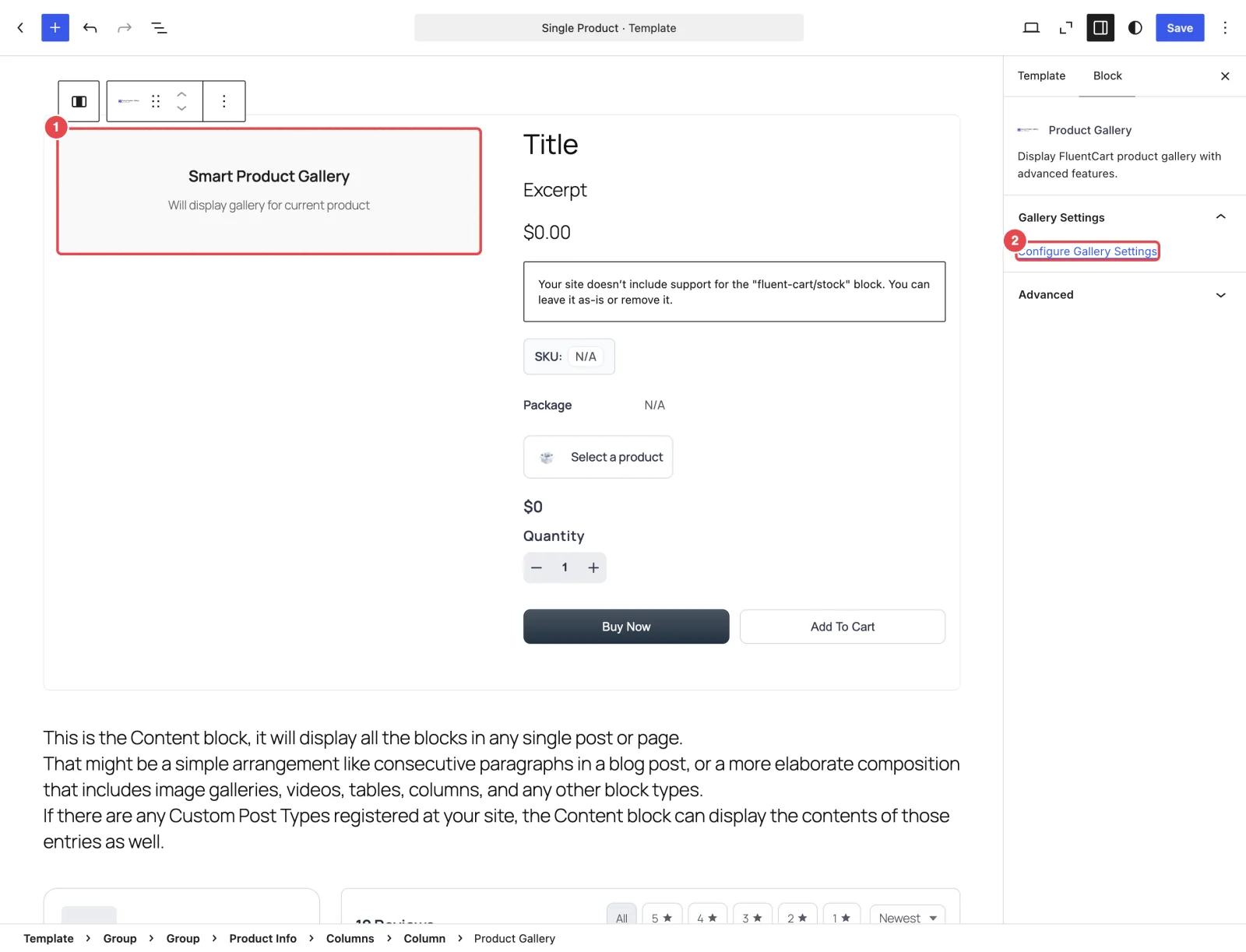 The Site Editor (Appearance → Editor → Templates → Single Product) with the Product Gallery block selected in the canvas - its Smart Product Gallery