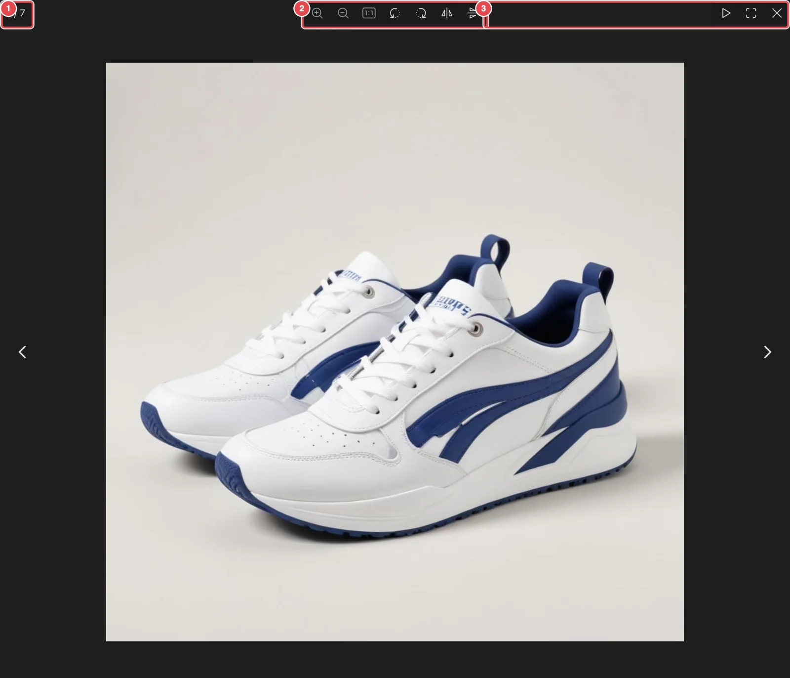 The open lightbox over the product page: one large sneaker photo, counter 1 / 7 top left, transform controls in the middle, slideshow / thumbnails /