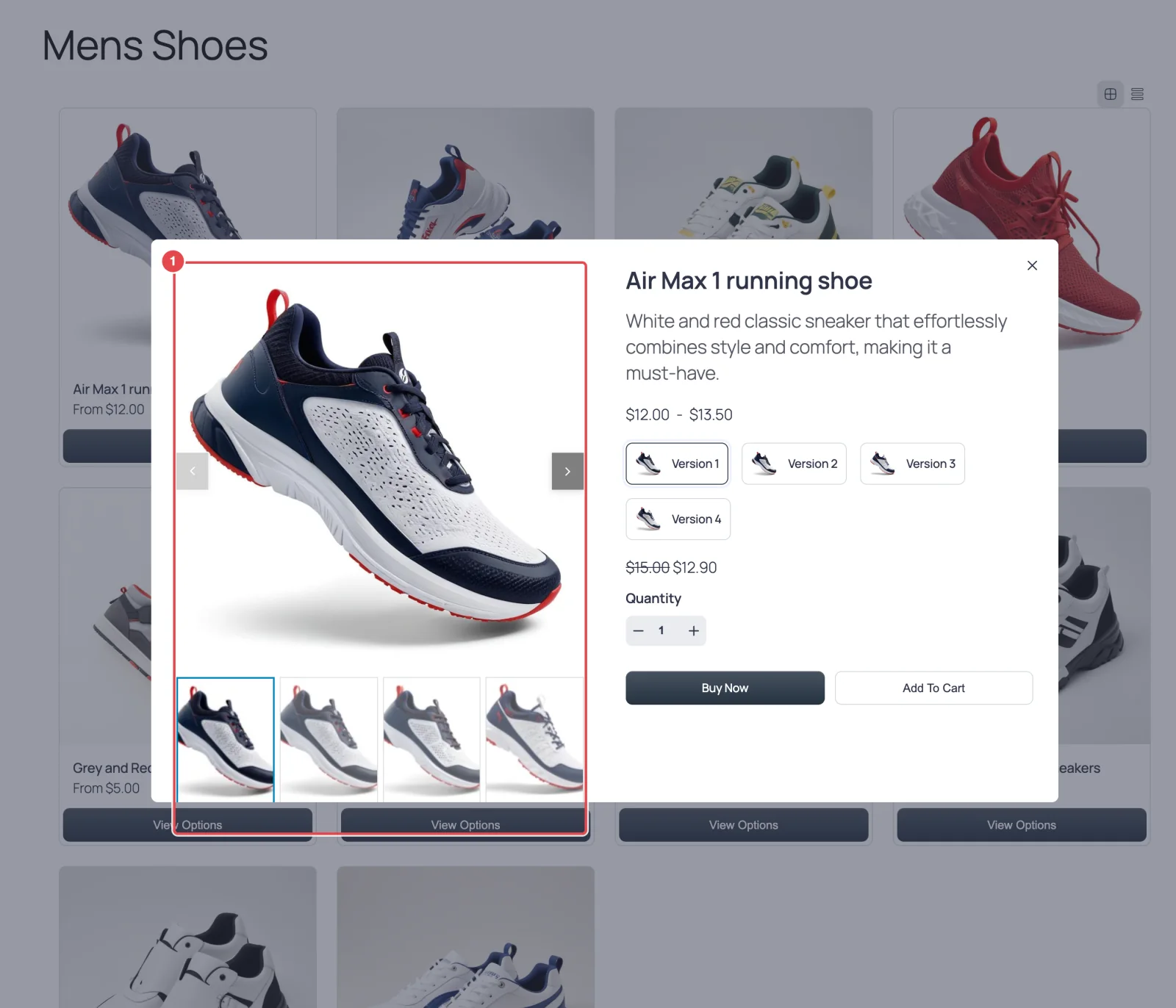 FluentCart shop page with the View Options pop-up open over it, showing the Smart Product Gallery (main image + thumbnails) on the left of the pop-up