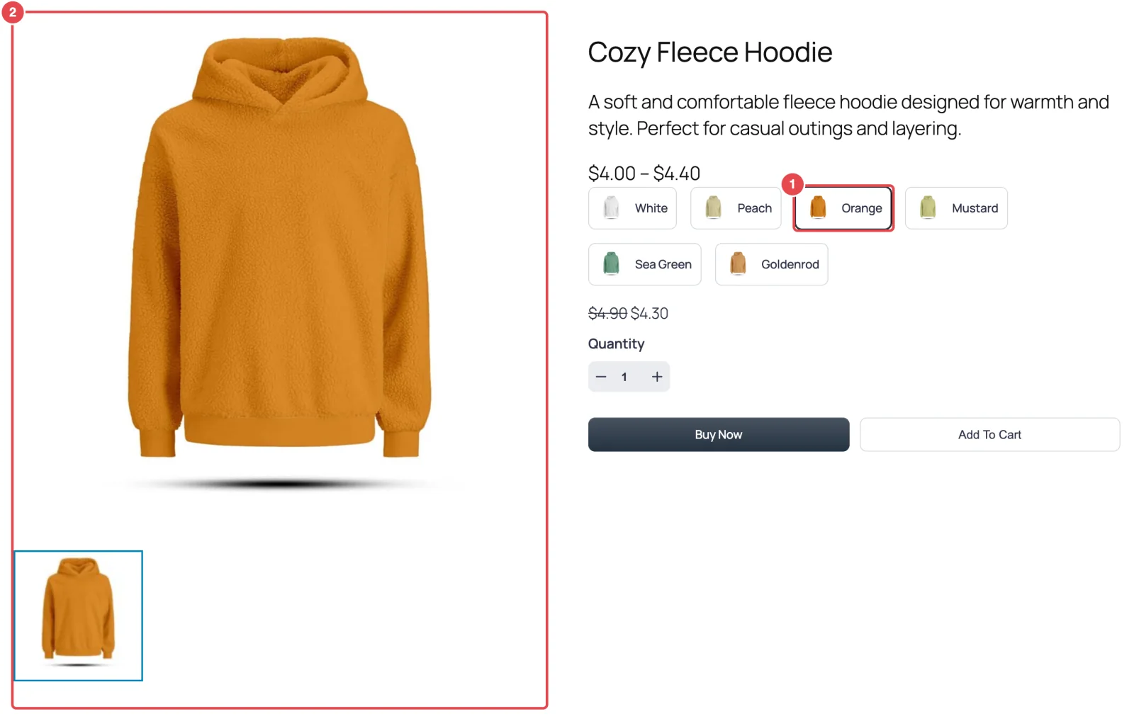 Same framing after picking Orange - the gallery now shows only the orange hoodie