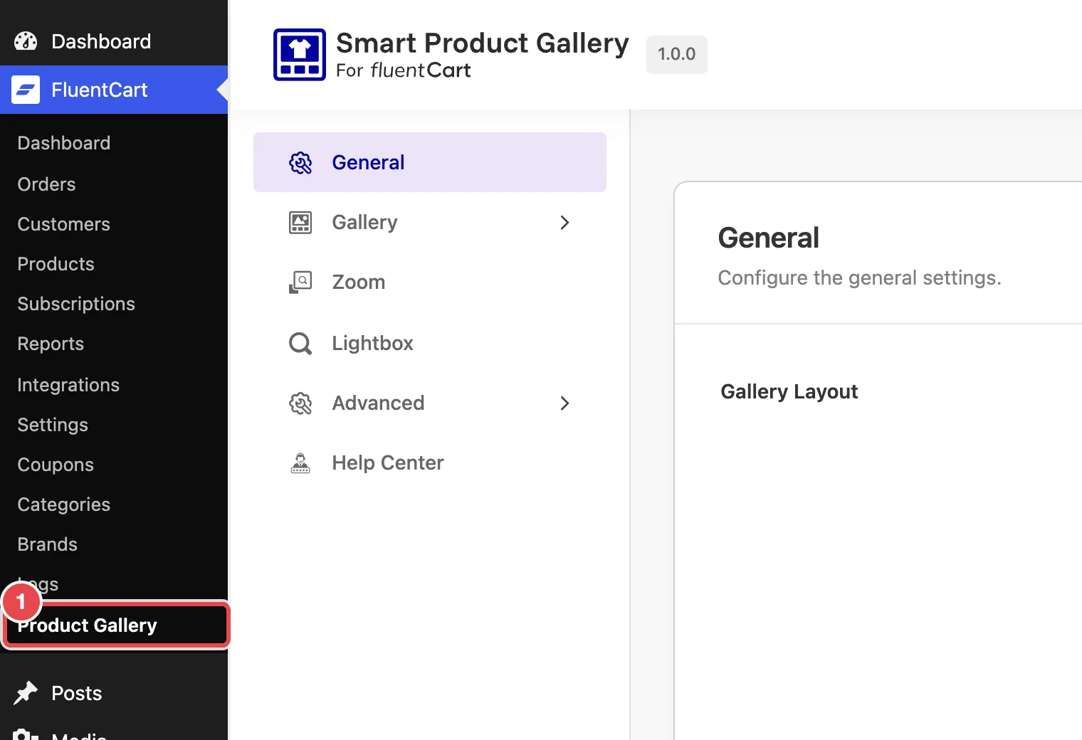 The WP admin sidebar with the FluentCart menu expanded, showing the Product Gallery submenu item; the Product Gallery settings page open beside it
