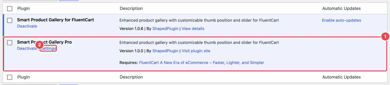 The Plugins screen, cropped to the FluentCart and Smart Product Gallery Pro rows, both active