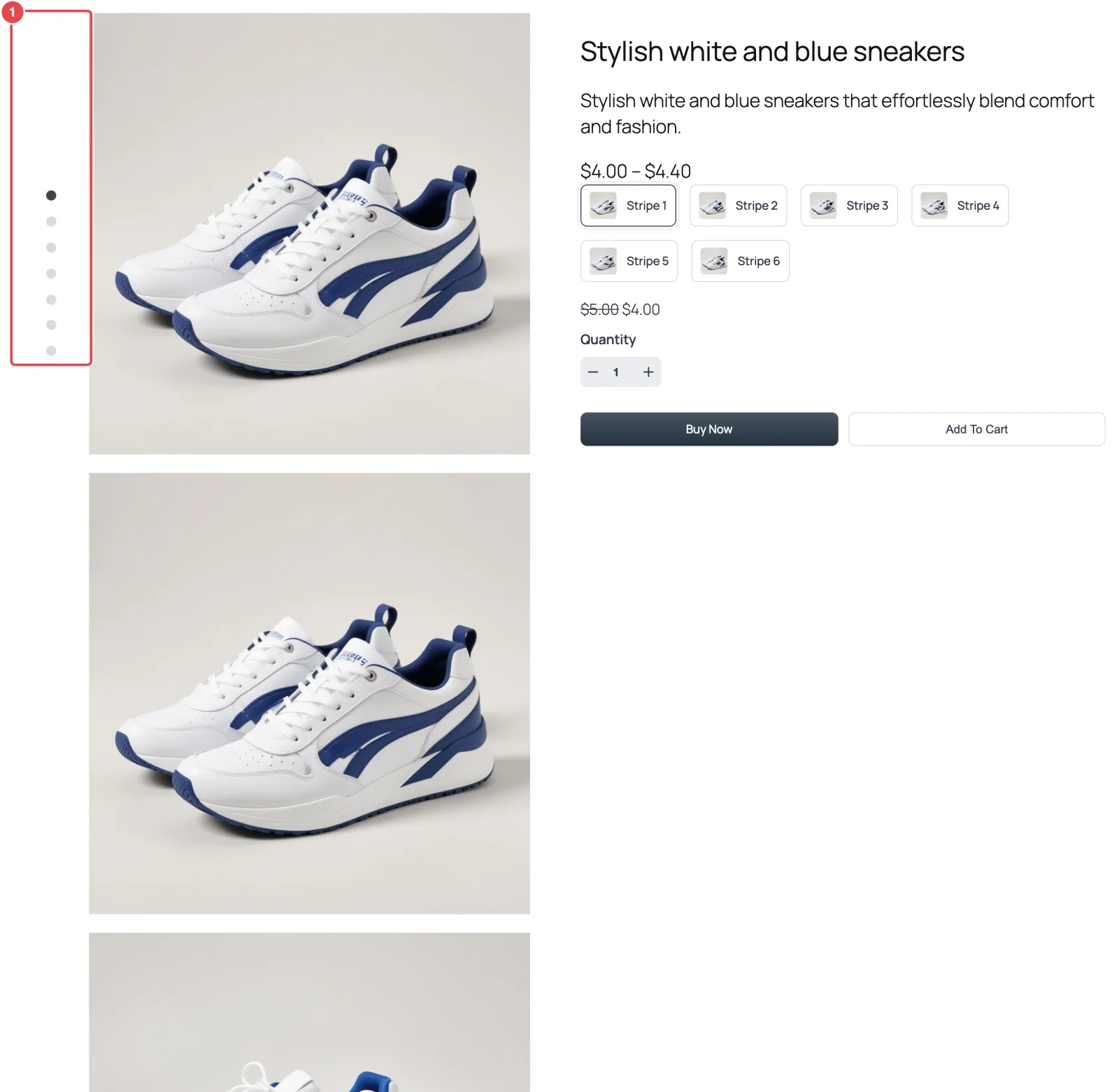 Front-end product page, gallery column and summary, stacked images with the column of dots on the left, first dot active