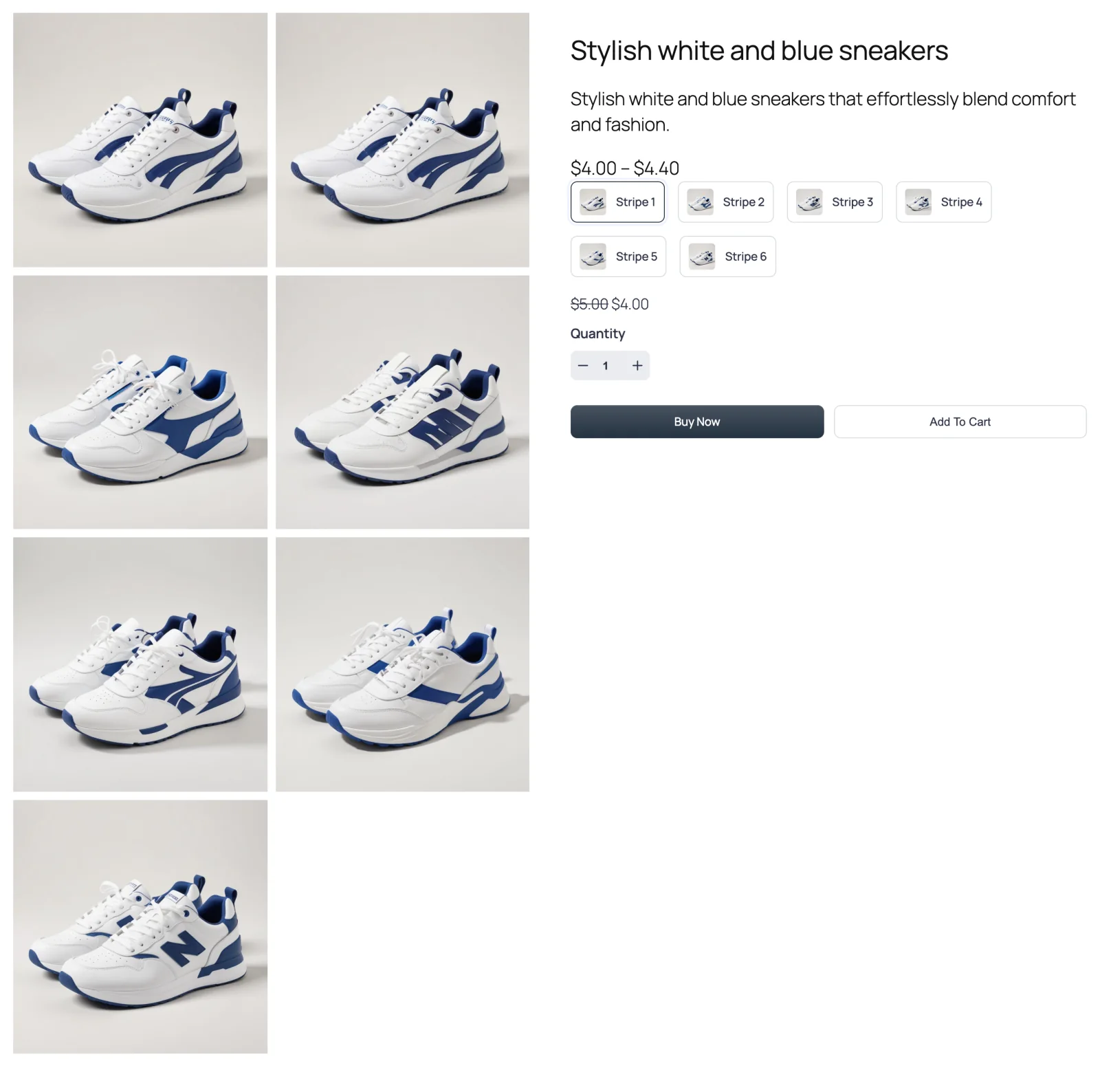 Front-end product page, gallery column and summary, two-column grid of sneaker photos