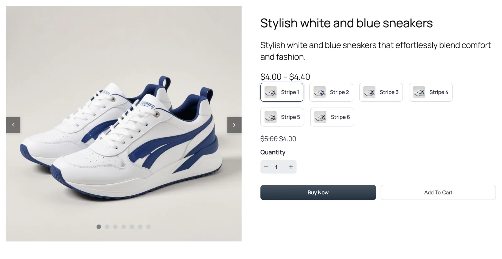 Front-end product page, gallery column and summary, single large image with left/right arrows, no thumbnails