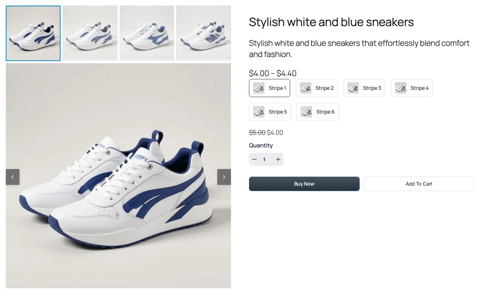 Front-end product page, gallery column and summary, the thumbnail strip sits above the main image