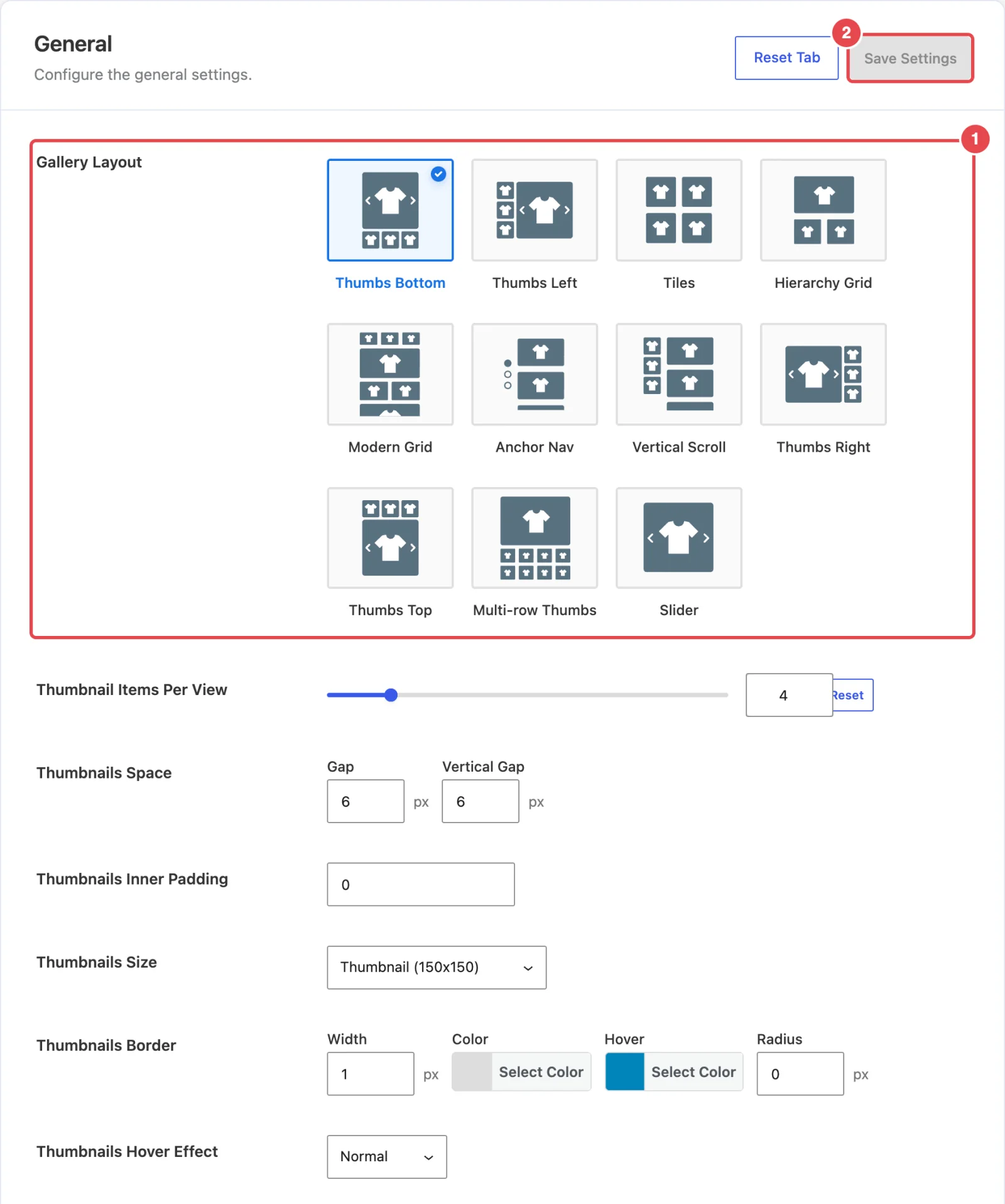 FluentCart → Product Gallery → General tab, the Gallery Layout picker with all eleven cards visible
