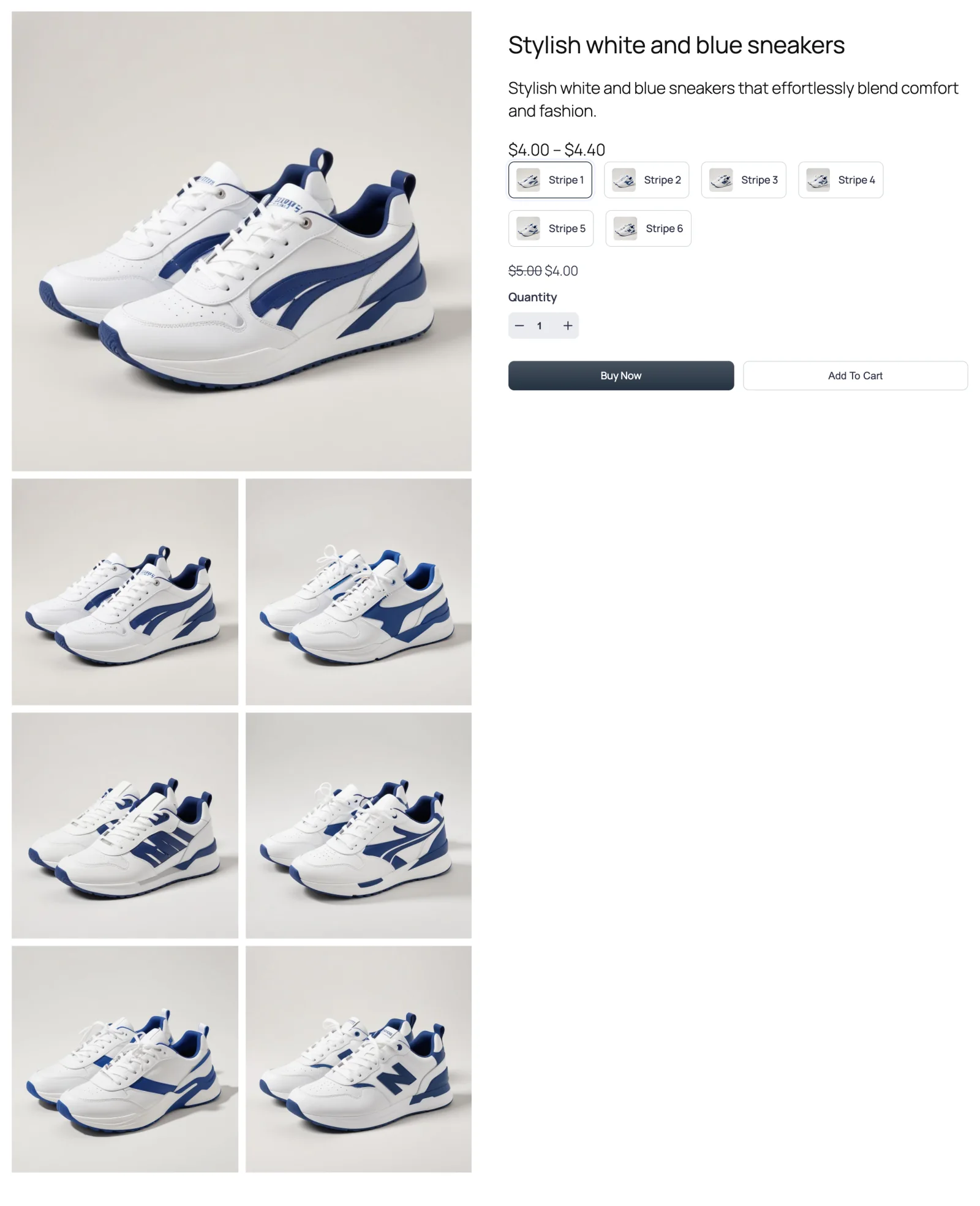 Front-end product page, gallery column and summary, one full-width lead image with a two-column grid below