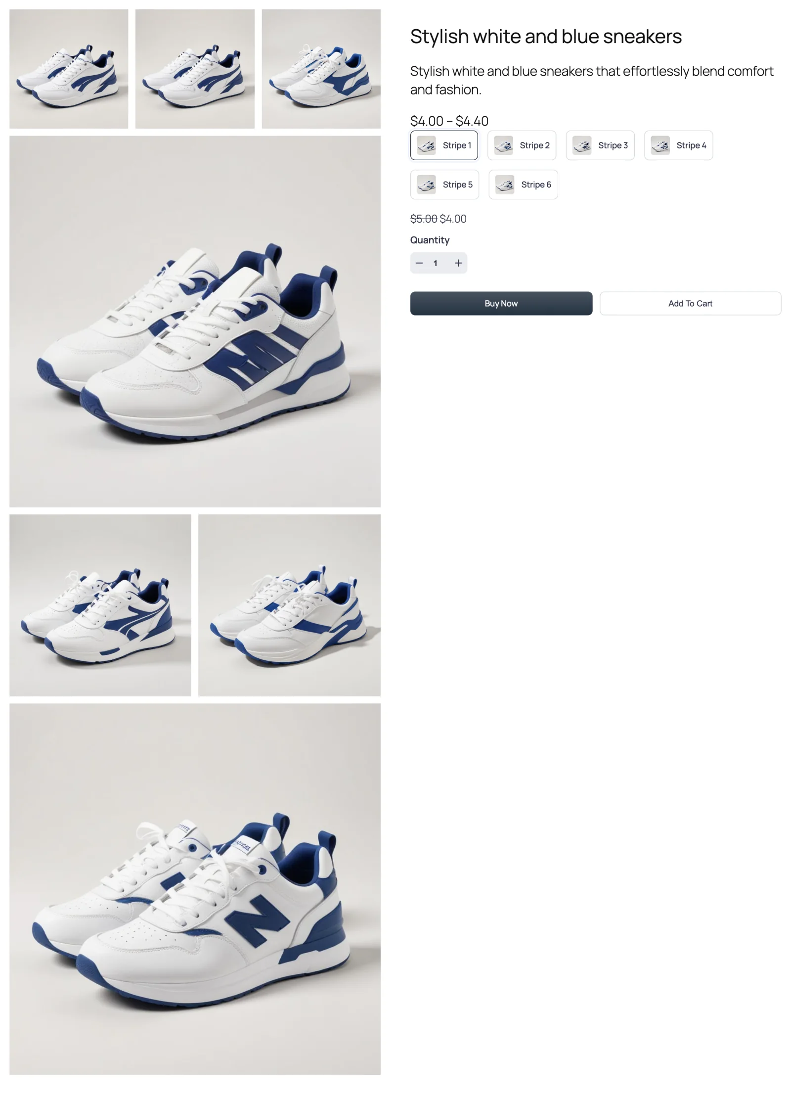 Front-end product page, gallery column and summary, Style 1 mosaic - row of three, one full-width image, row of two