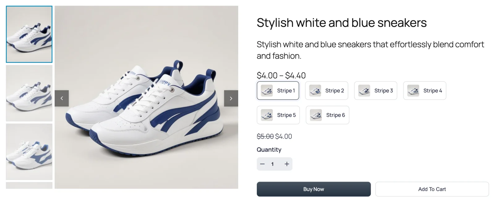 Front-end product page, gallery column and summary, thumbnail column on the left of the main image