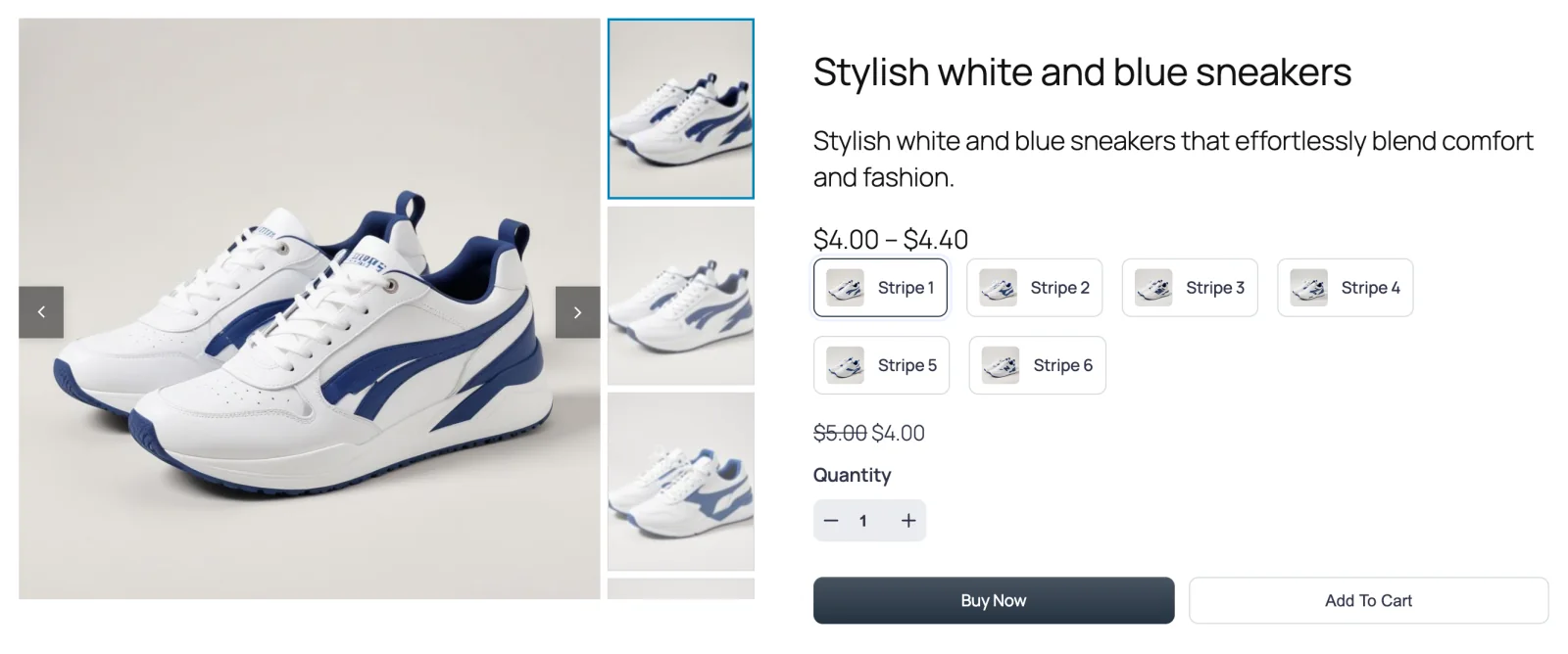 Front-end product page, gallery column and summary, thumbnail column on the right of the main image