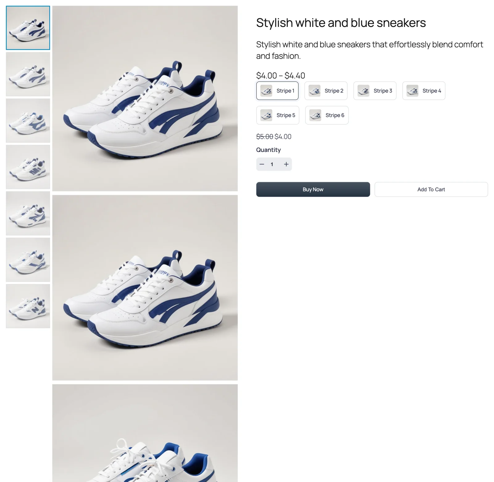 Front-end product page, gallery column and summary, thumbnail rail on the left, stacked large images on the right, first thumbnail highlighted