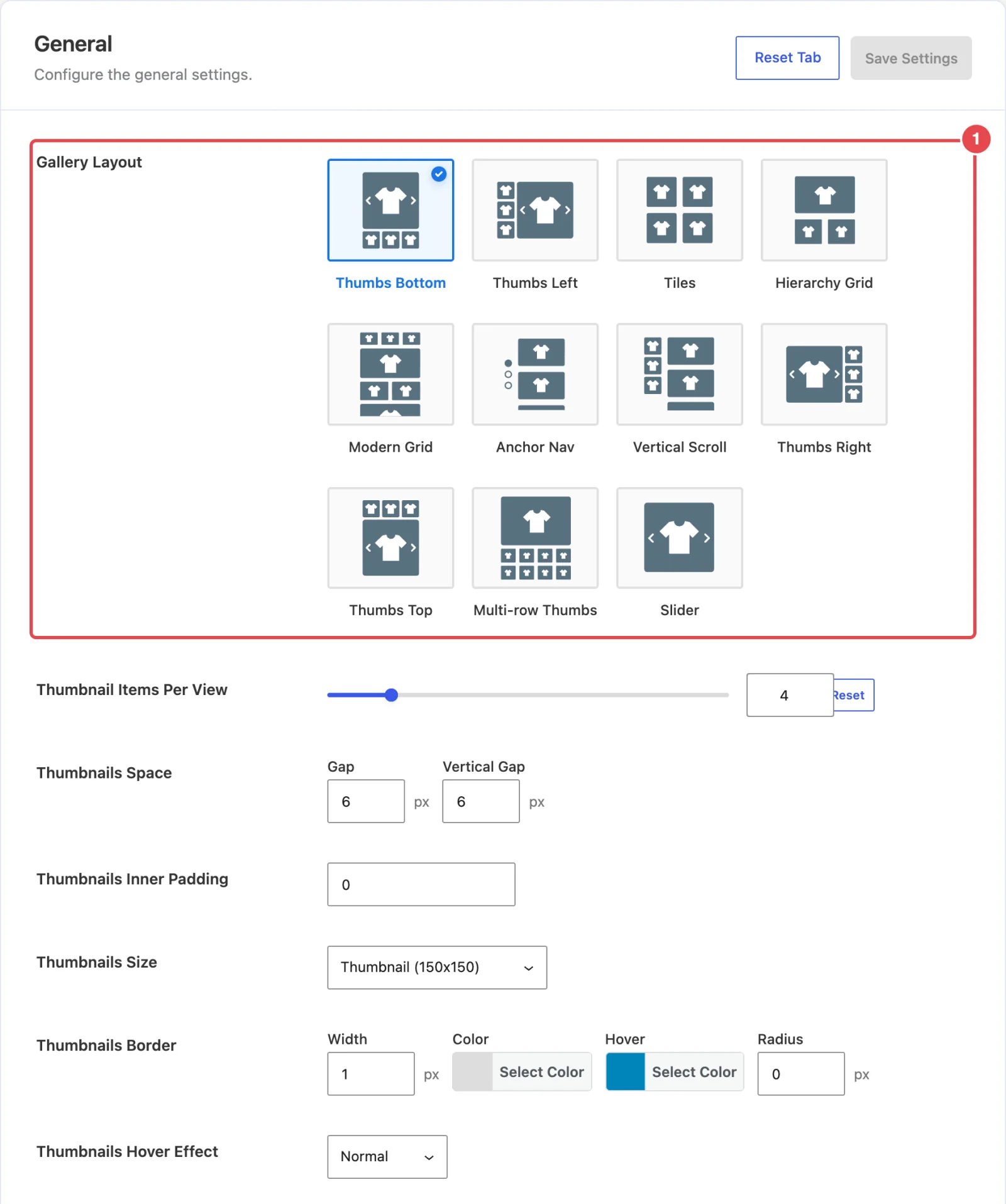 The General tab panel with the Gallery Layout picker (all eleven layout cards) and the first few thumbnail fields below it