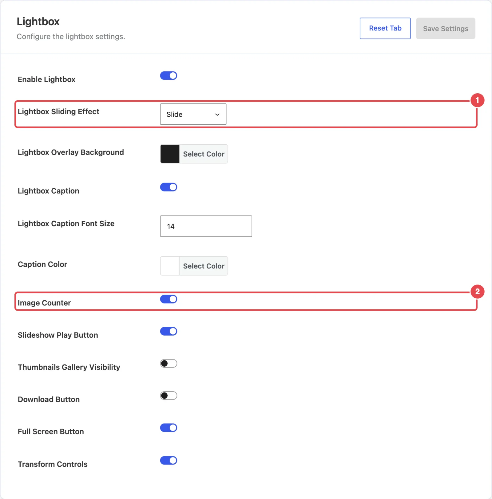 The Lightbox tab with every field visible (Enable Lightbox down to Transform Controls), Thumbnails Gallery Visibility turned on so its two sub-fields