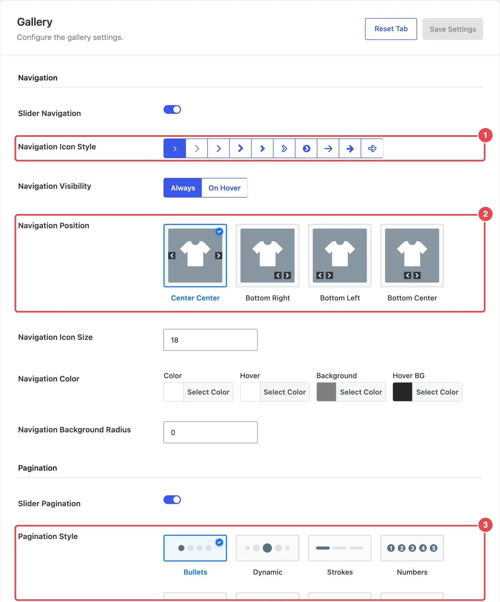 The Navigation & Pagination sub-tab, showing the Navigation heading with icon style picker and Navigation Position cards, scrolling to include the