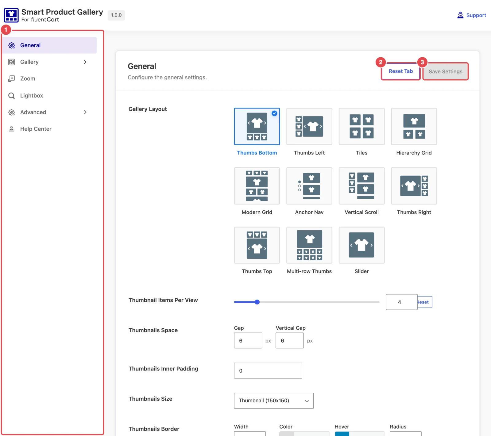 The whole Product Gallery settings screen on the General tab - plugin header with logo and Support link, the left sidebar of tabs, the General panel