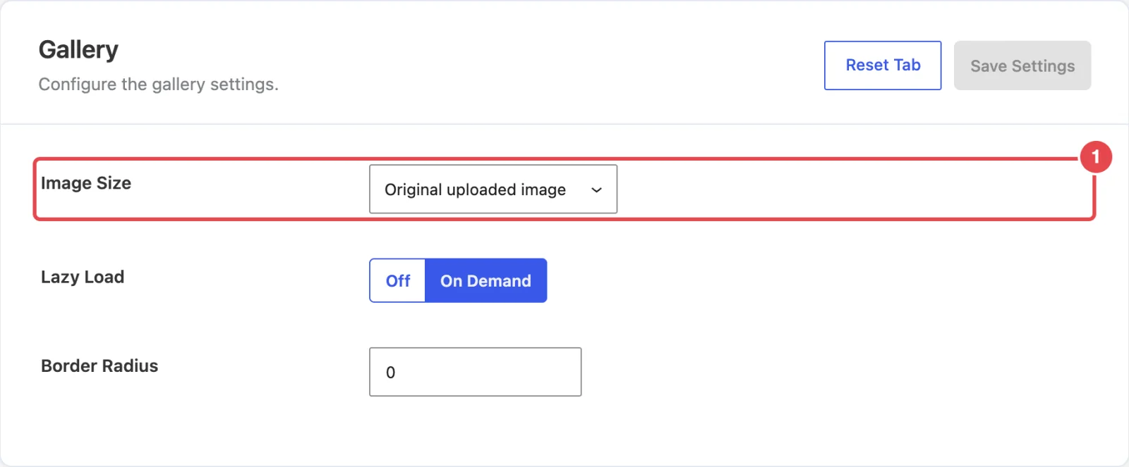 The Product Image sub-tab: Image Size dropdown, Lazy Load button set, Border Radius