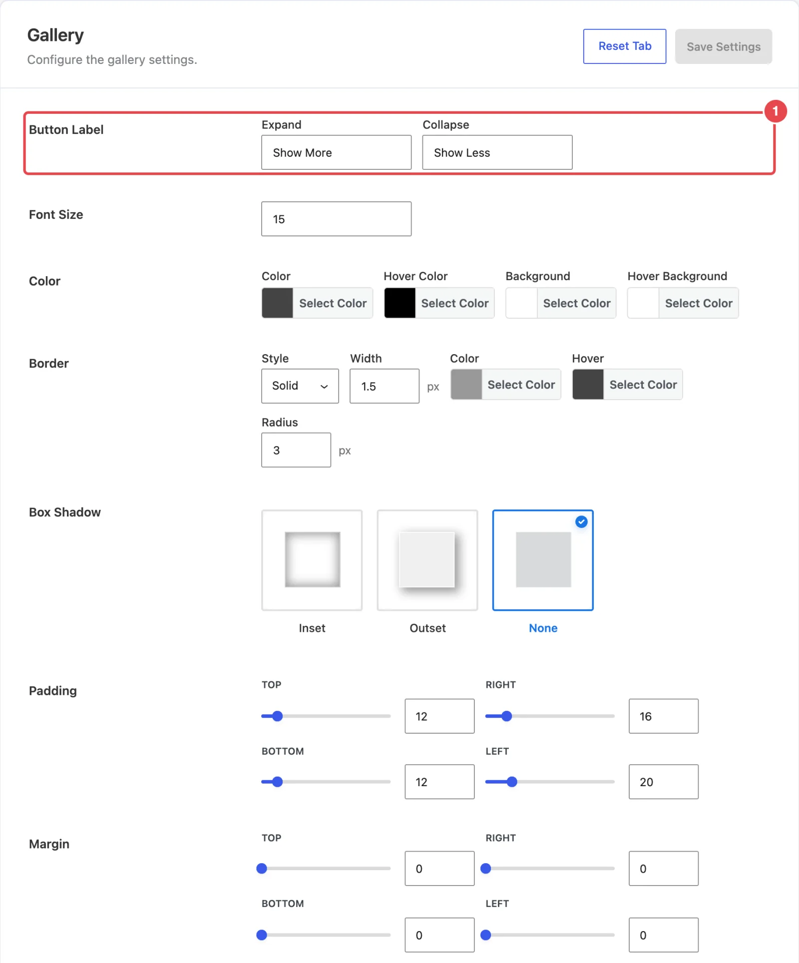 The Show More Button sub-tab with all fields from Button Label to Margin