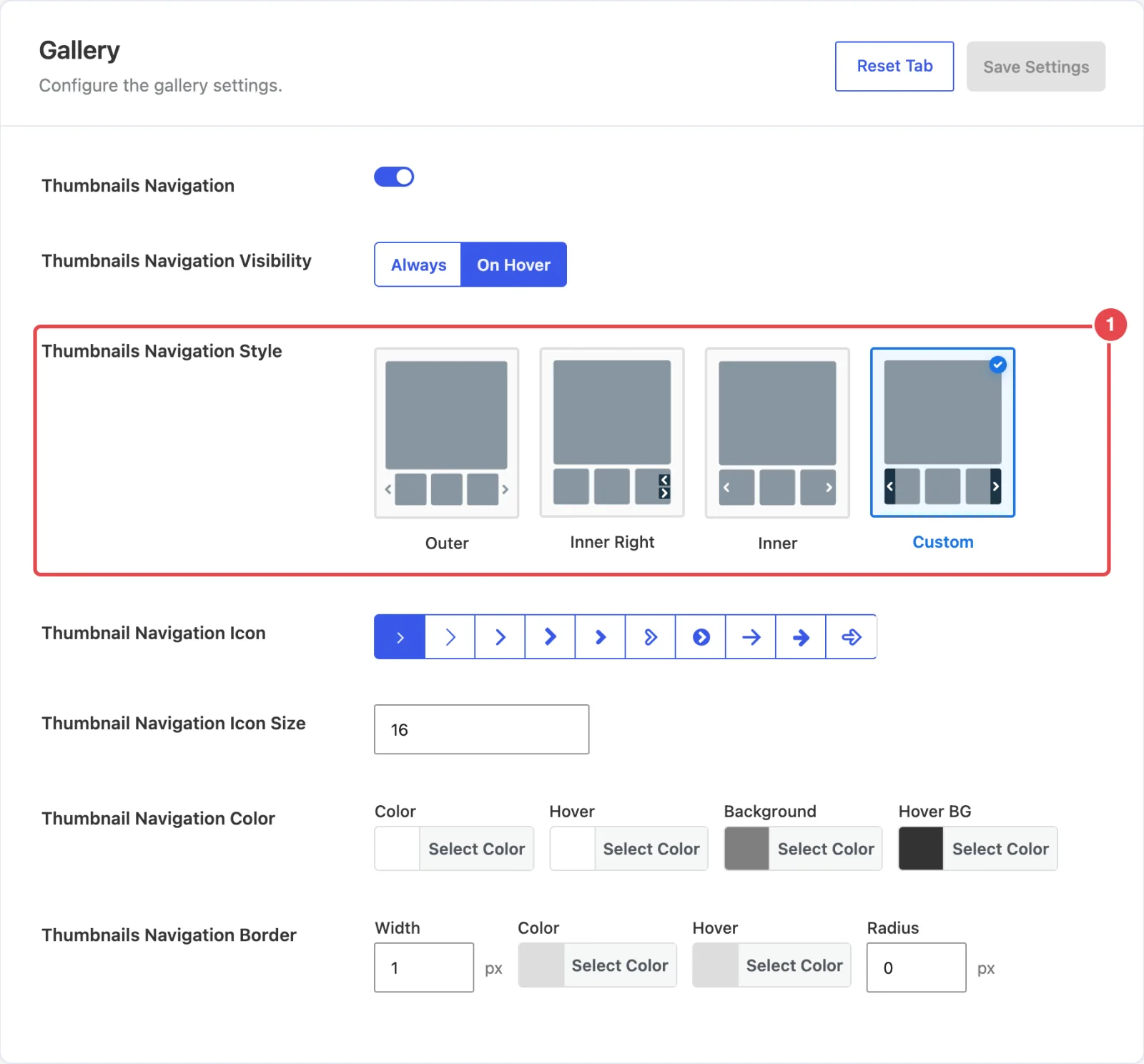 The Thumbnails Navigation sub-tab with the toggle on and the four Thumbnails Navigation Style cards visible, Custom selected