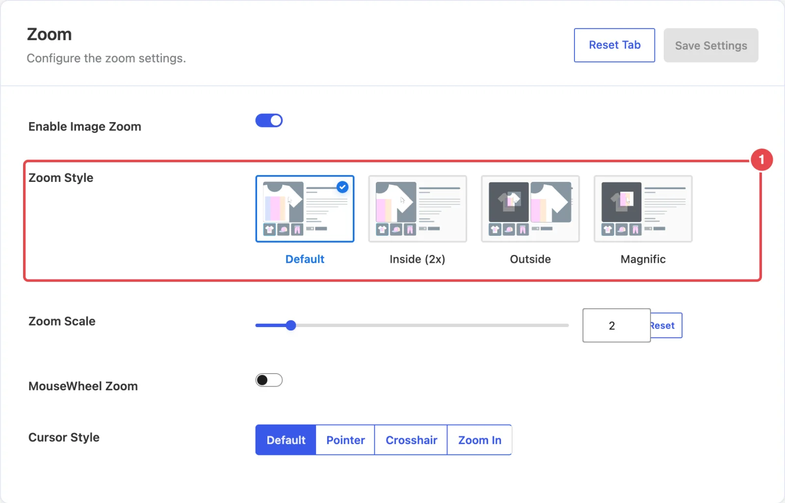 The Zoom tab with Enable Image Zoom on and the four Zoom Style cards, Outside selected so its extra fields (lens, overlay, zoom window) are listed