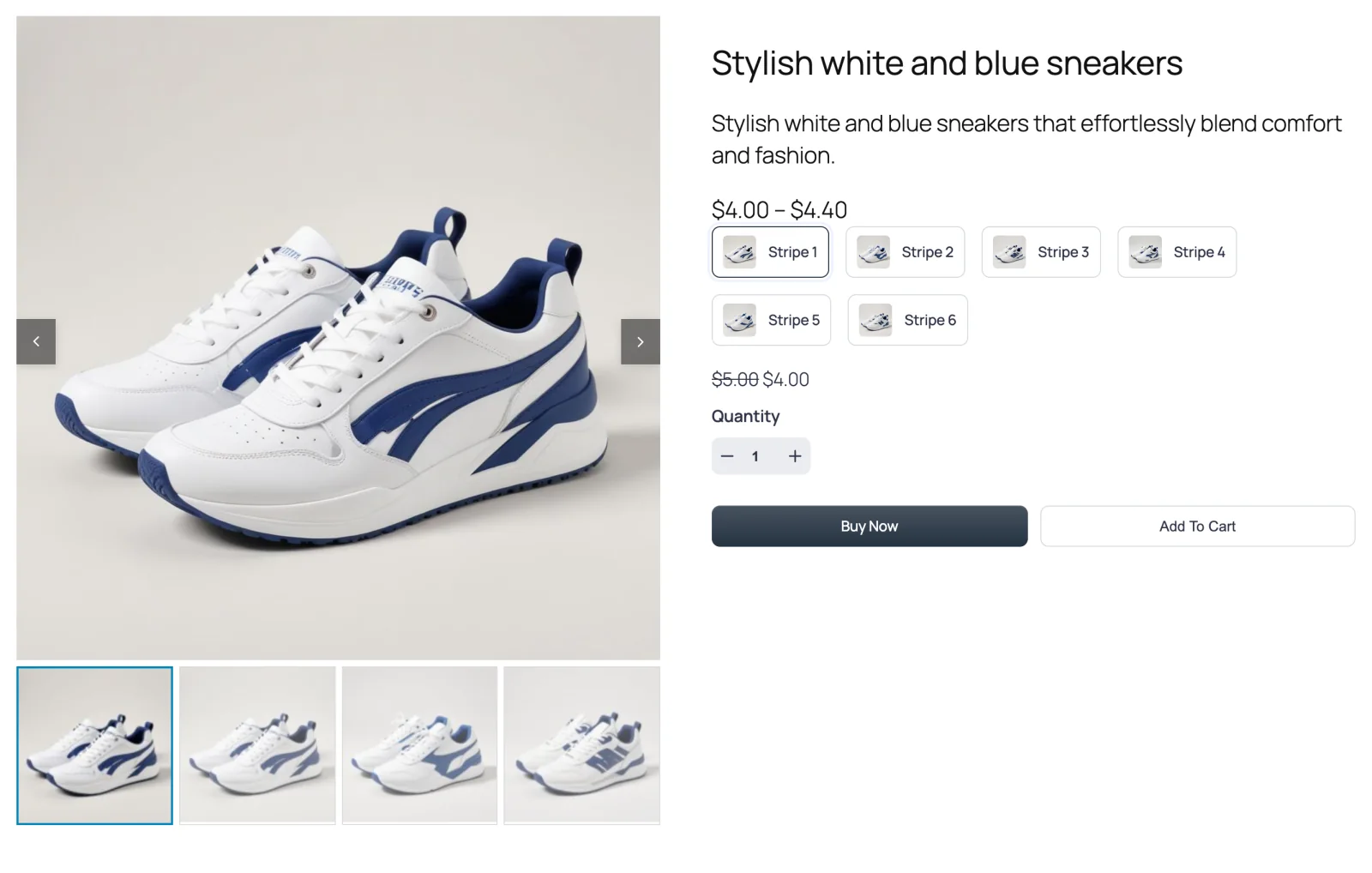 The same product on Twenty Twenty-Five after the swap, now showing Smart Product Gallery's Thumbs Bottom layout