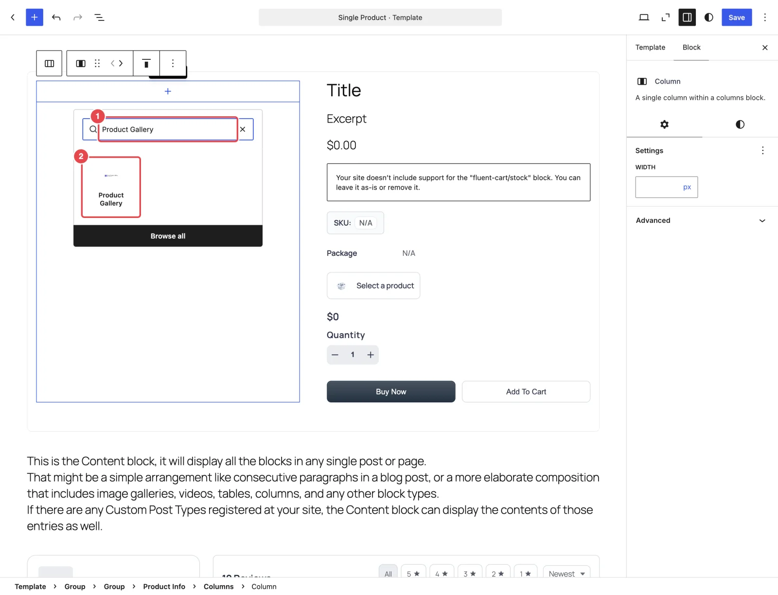 The block inserter searched for Product Gallery, with Smart Product Gallery's block and its description highlighted