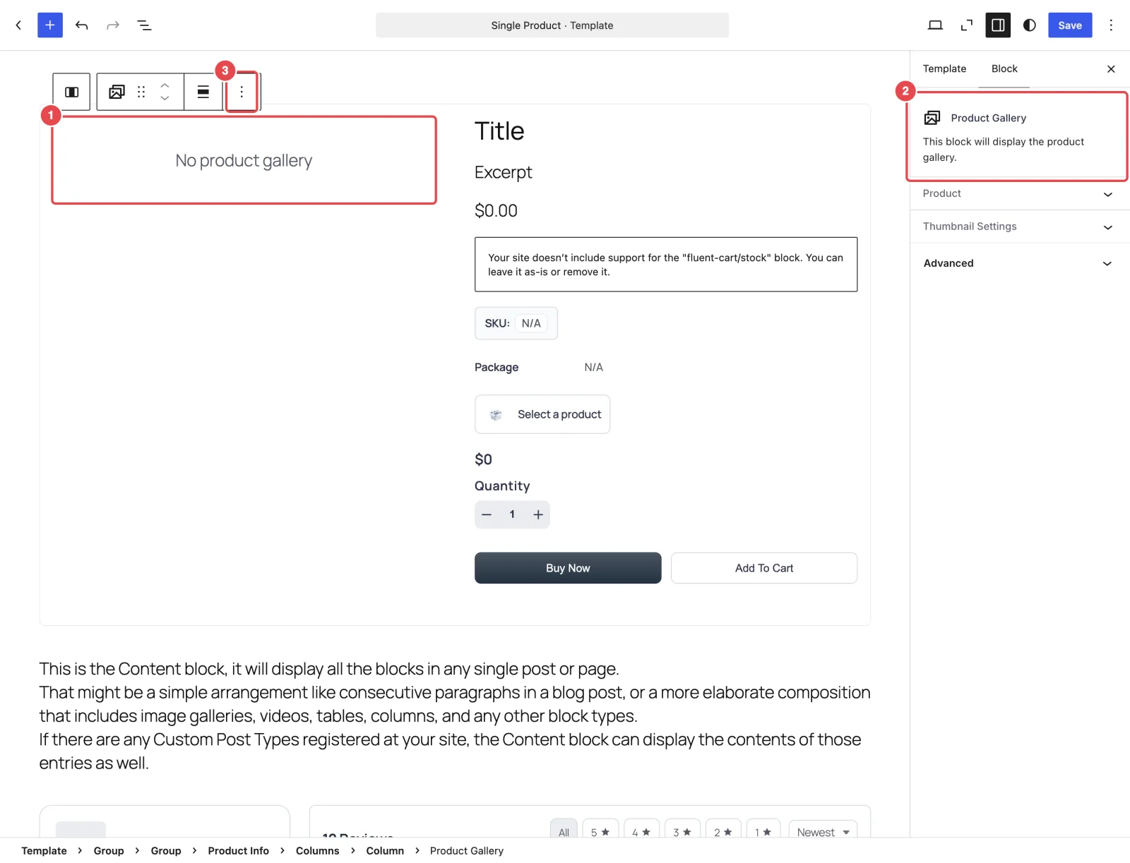 FluentCart's Product Gallery block selected in the Single Product template, with the breadcrumb and sidebar description highlighted