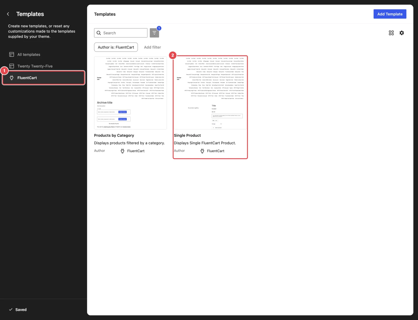 The Site Editor's Templates screen filtered to FluentCart, with the Single Product template highlighted