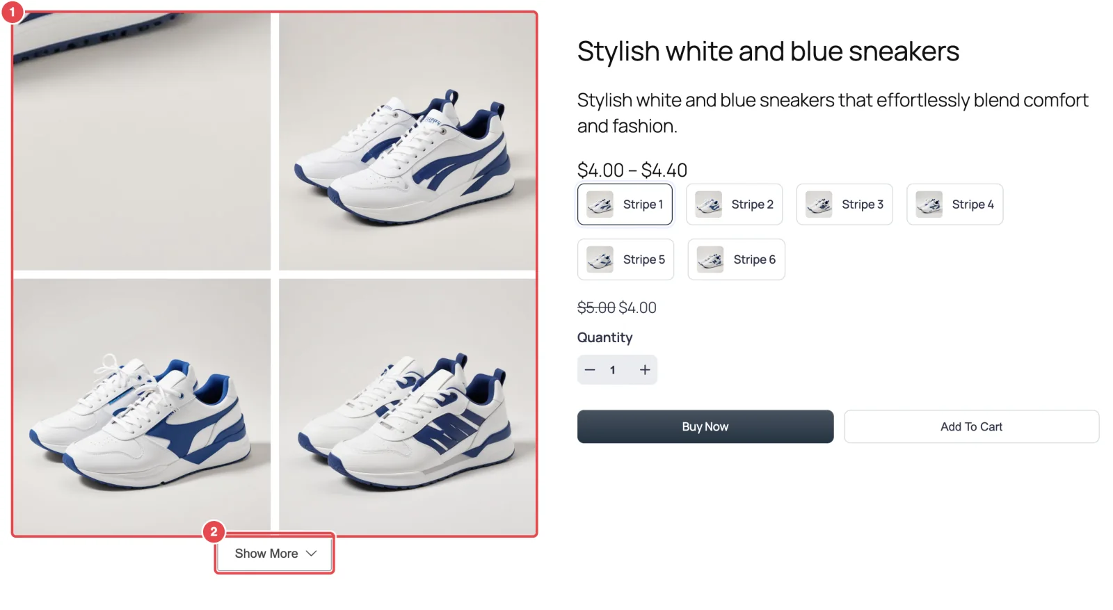 The finished product page - Tiles layout, 2 columns, 4 images visible, the Show More button beneath them, product summary on the right