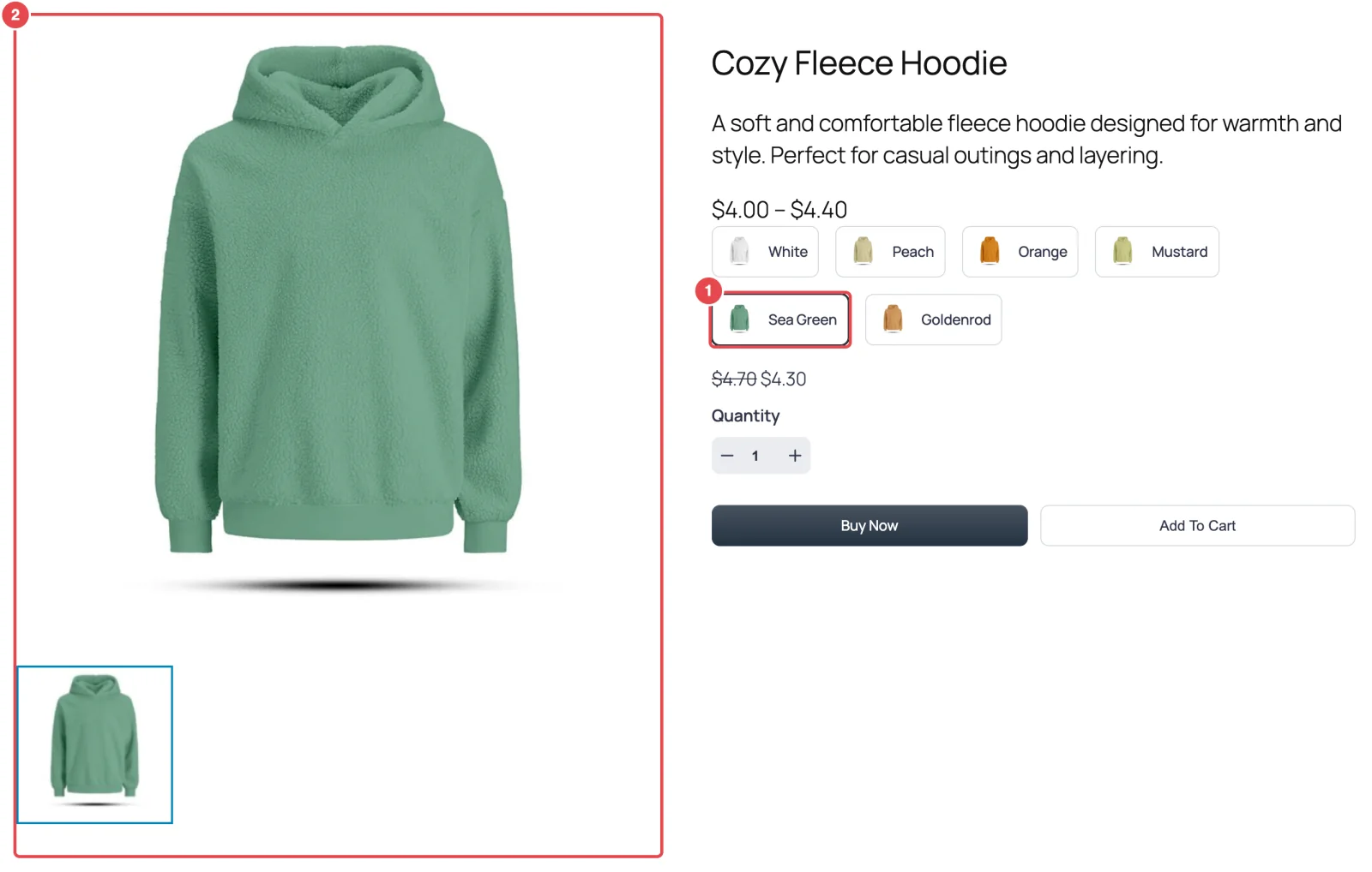 The Cozy Fleece Hoodie product page after clicking Sea Green - the gallery showing only that variation's image, the selected variation button